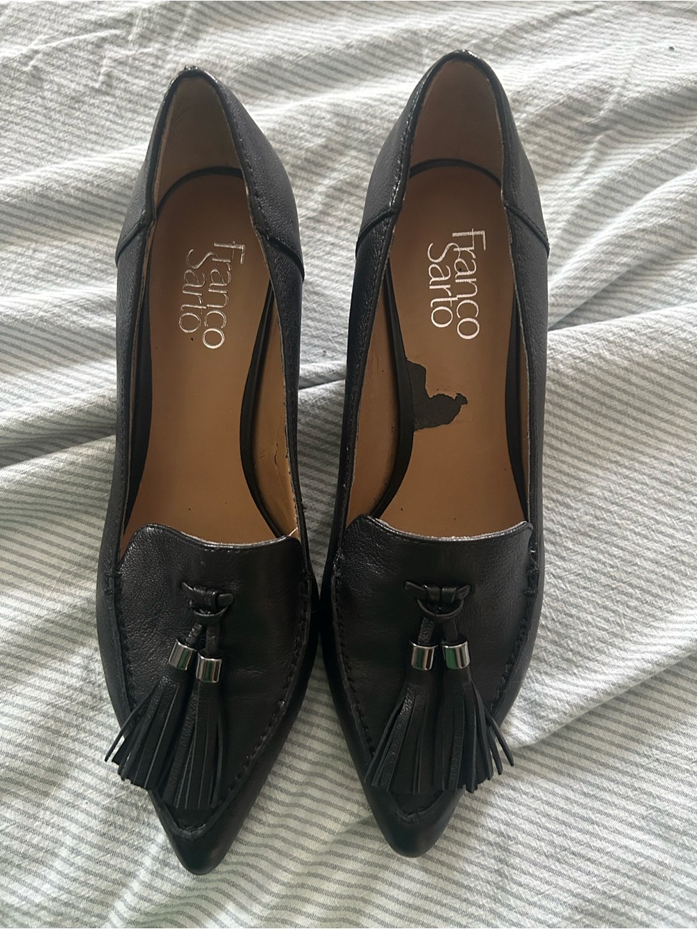 Franco Sarto Black Leather Tassel Pointed-Toe Heeled Loafer Size 6.5